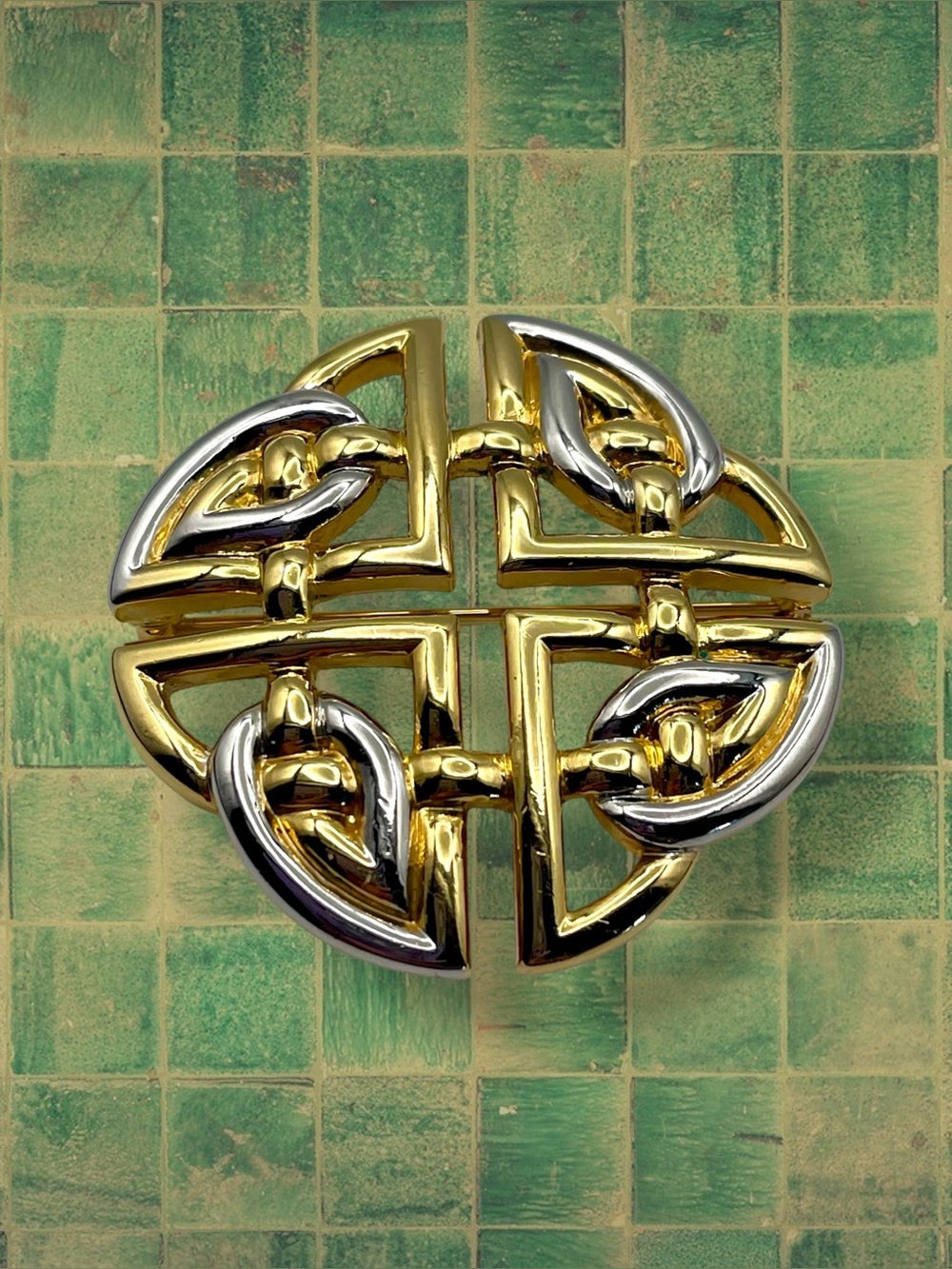 Large Vintage Gold and Silver Tone Celtic Shield Knot Statement Brooch Irish
